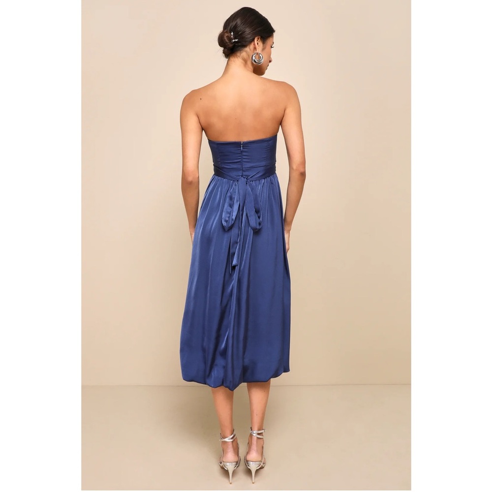 NWOT Lulus Elegant Navy Blue Strapless Bubble Hem Midi Dress - Picture 2 of 12